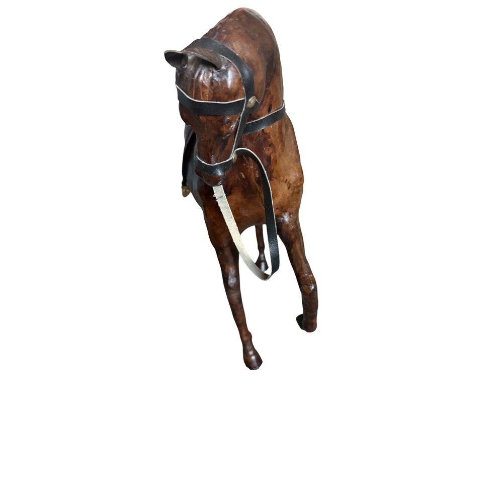Vintage Leather Wrapped Horse Figurine Statue Equestrian Decor Brown Saddle - Picture 6 of 8